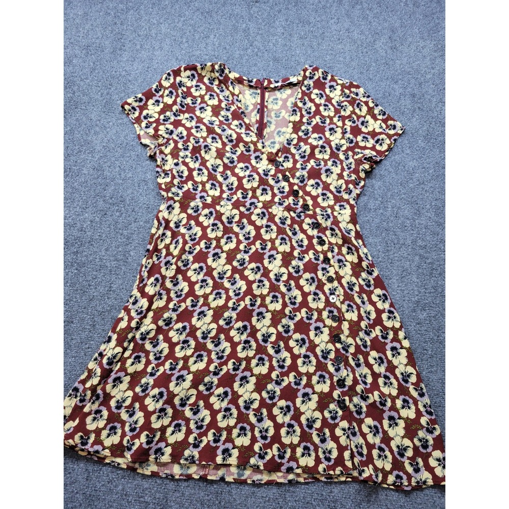 Madewell Pansy Floral V-Neck Button Front Mini Dress Burgundy AB377 Size 14